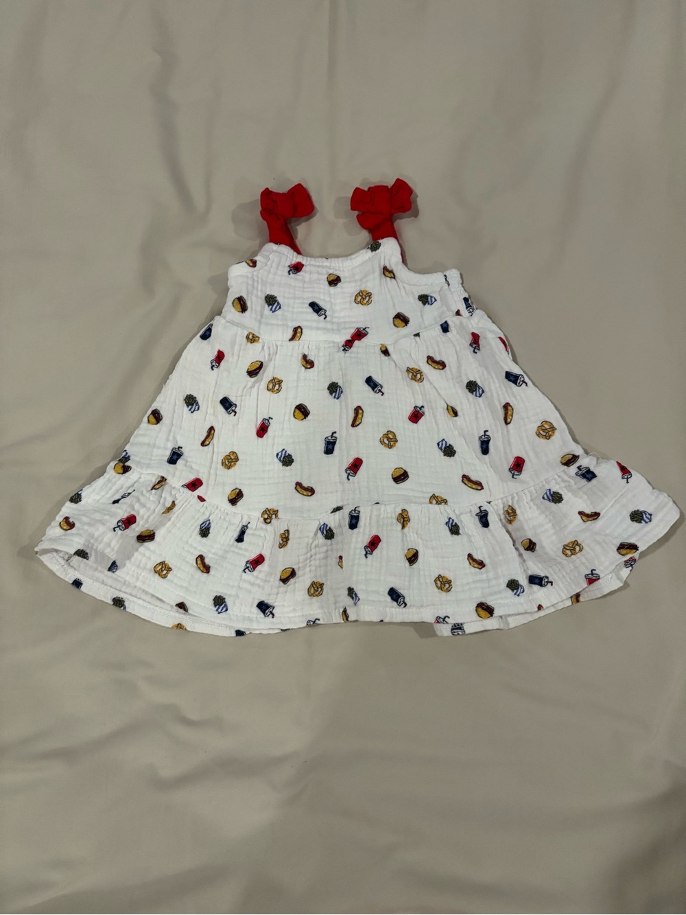 Girls White Sundress with Red Bow Straps and Playful BBQ Print
